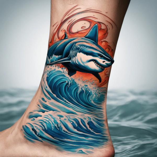 Shark and wave ankle tattoo