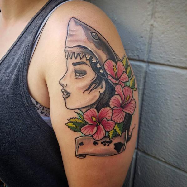 Shark girl with hibiscus