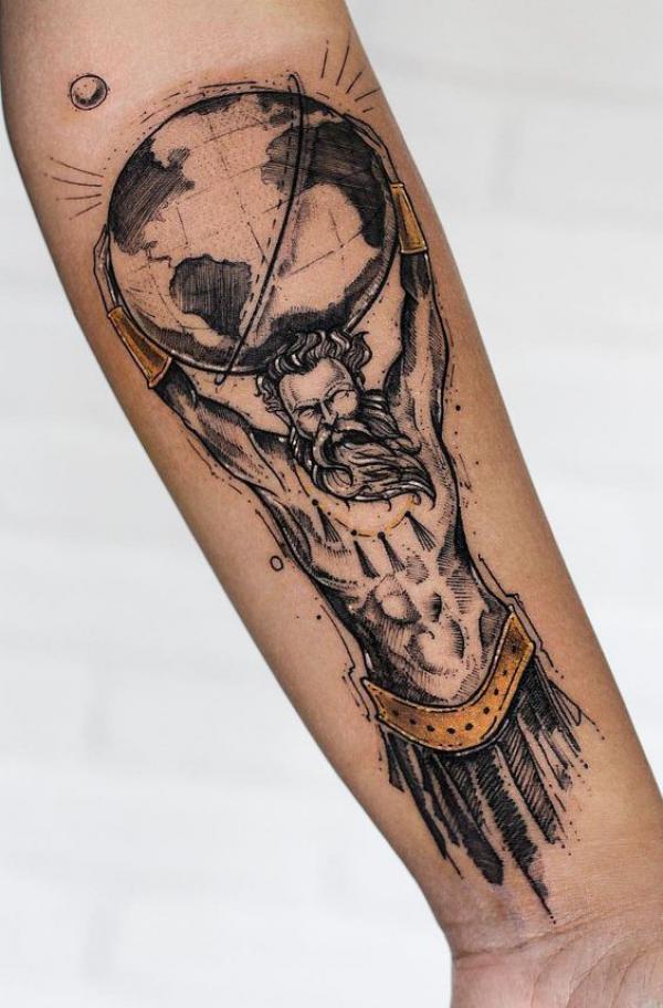 Sketchy Atlas and the earth Sphere tattoo