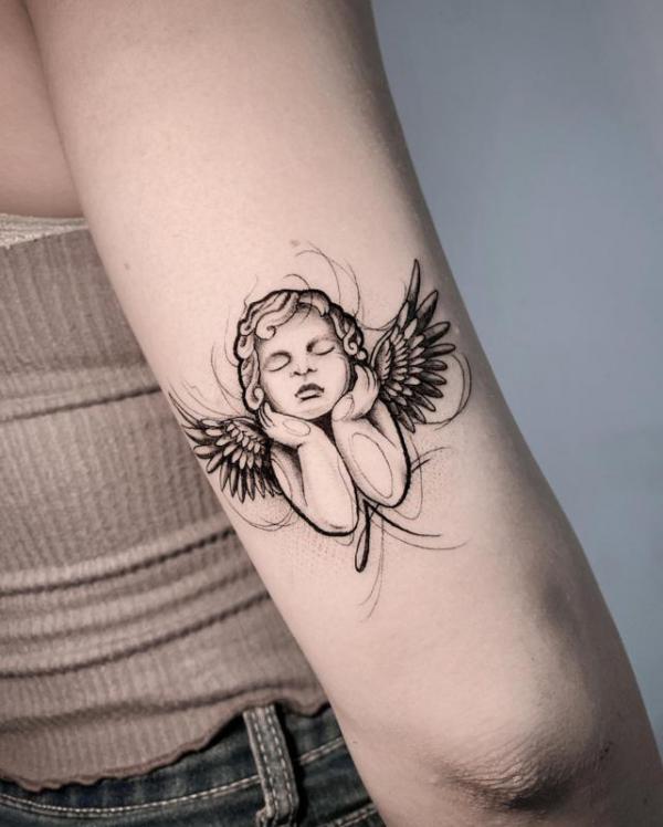 Sketchy cherub thinking tattoo