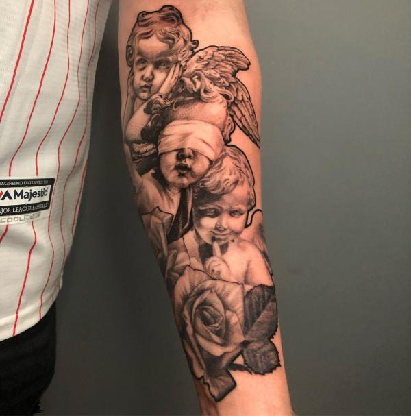 Speak no evil cherubs with rose tattoo