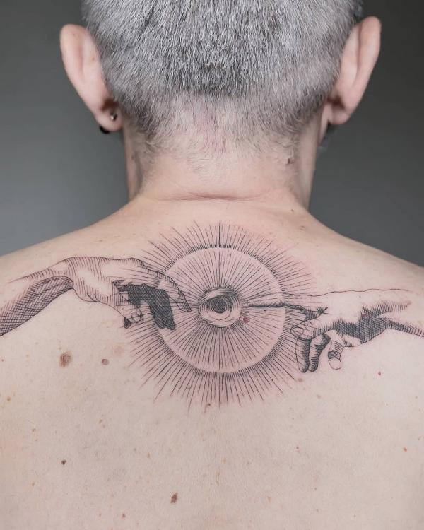 Stylized Adam hands and sun with eye