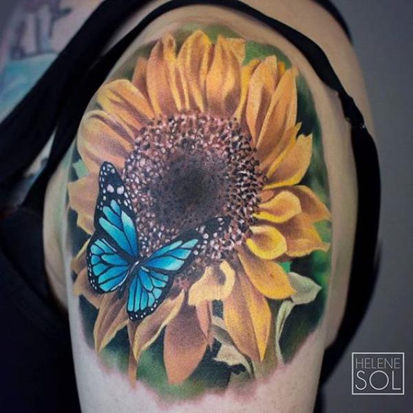 Sunflower and blue butterfly shoulder tattoo