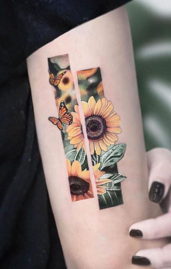 Sunflower and butterfly rectangular tattoo