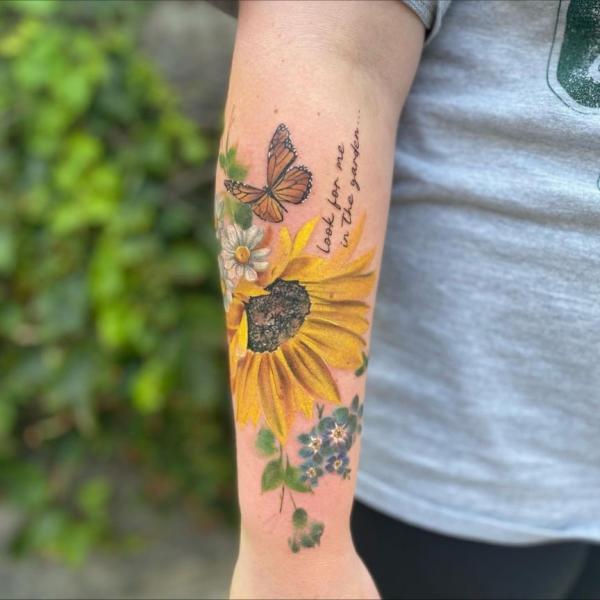 Sunflower and butterfly tattoo with words Look for me in the garden