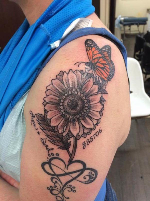 Sunflower and monarch butterfly with love symbol