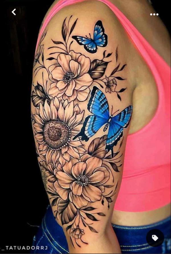 Sunflower poppy and blue butterflies tattoo sleeve