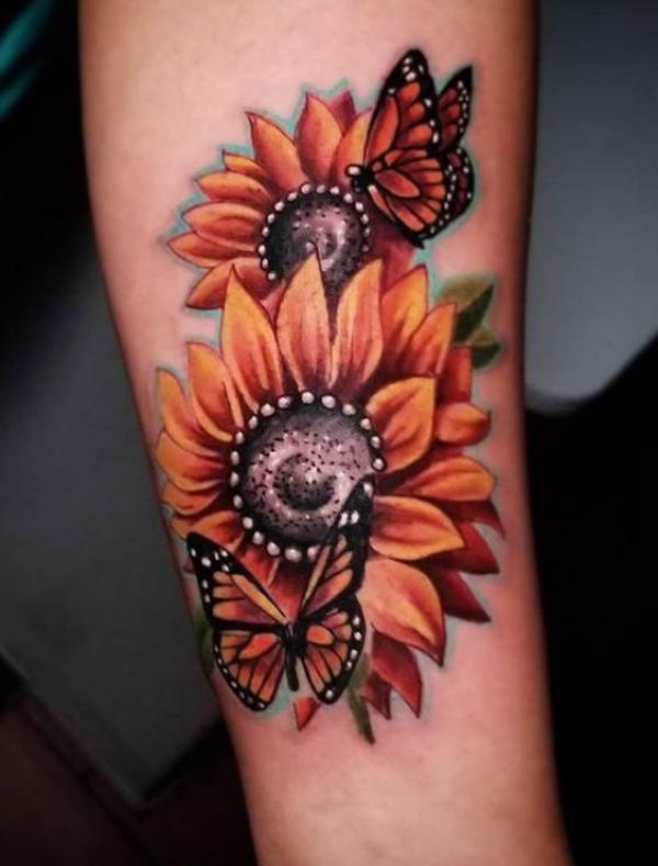 Sunflowers and monarch butterflies tattoo