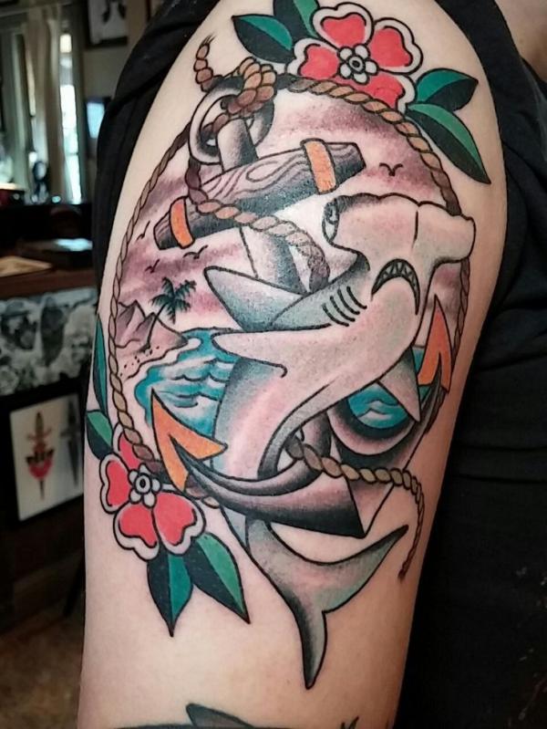 Traditional anchor and shark tattoo
