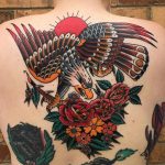Traditional eagle and rose tattoo back