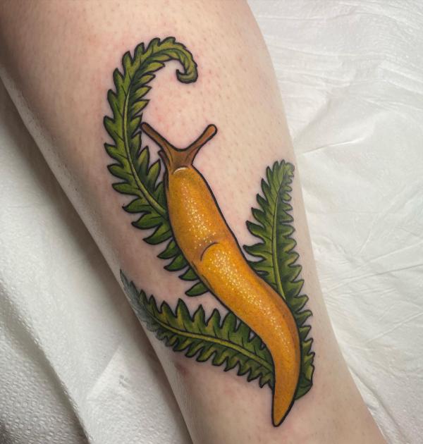Traditional fern and snail tattoo