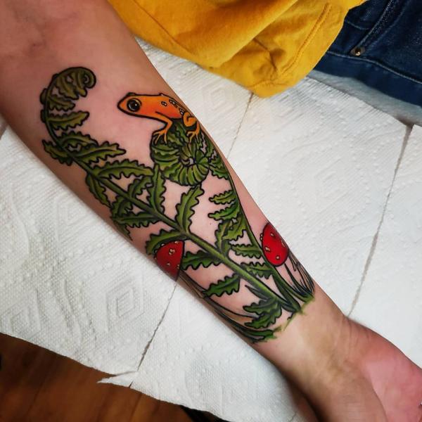 Traditional fern frog and mushroom tattoo
