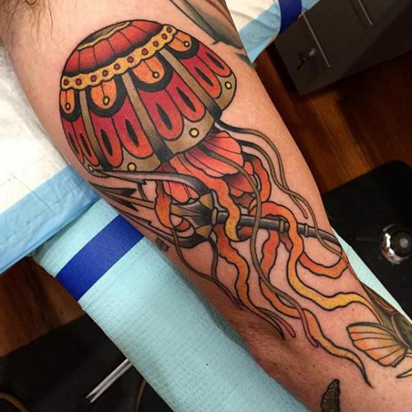 Traditional jellyfish and trident tattoo