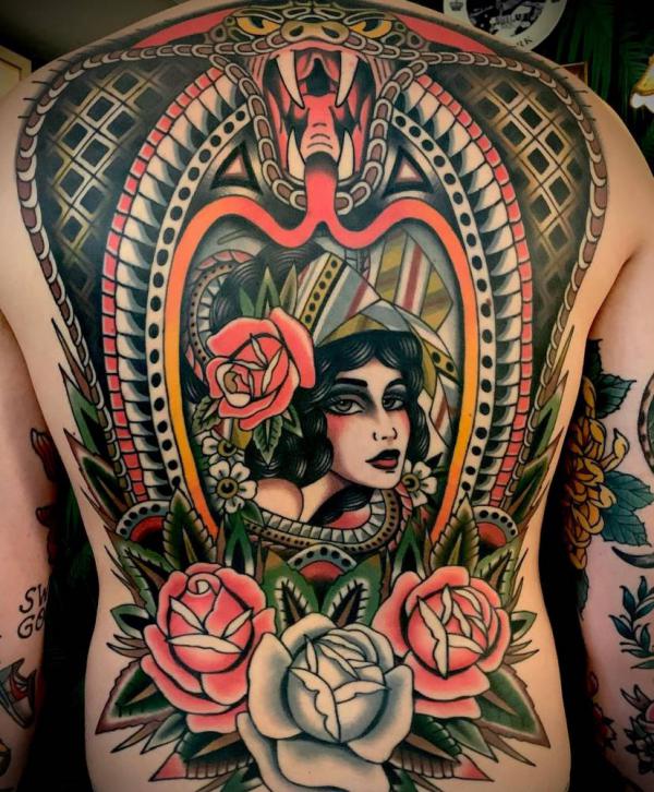 Traditional lady cobra roses tattoo full back