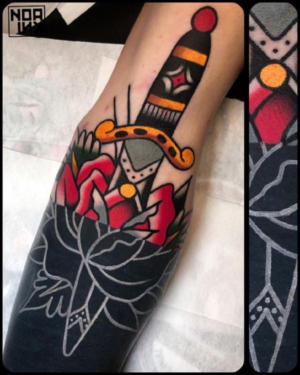 Traditional rose and dagger with half blackout and line work