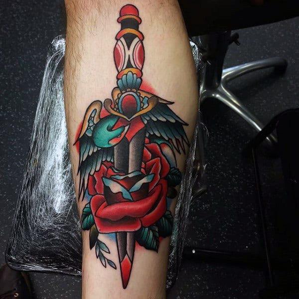 Traditional rose and dagger with wings tattoo