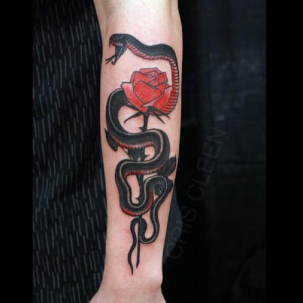 Traditional rose with thorns and snake tattoo