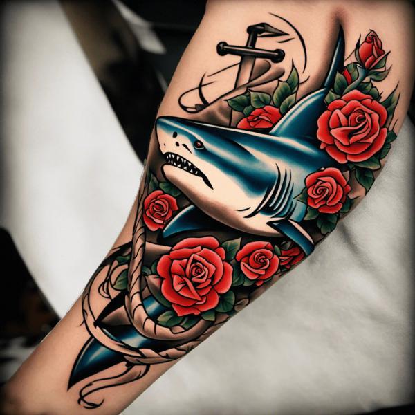 Traditional shark and roses tattoo