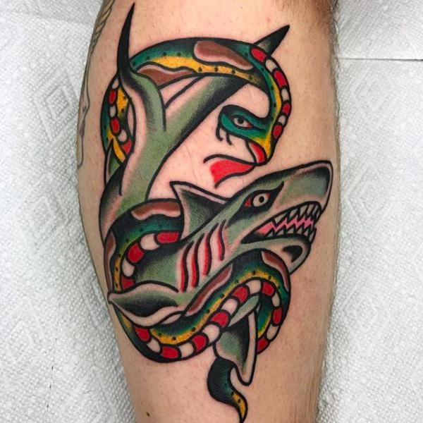 Traditional shark and snake tattoo