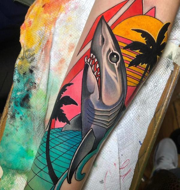 Traditional shark with sun and palm tree tattoo