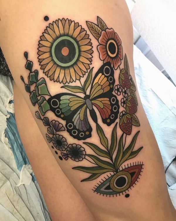 Traditional sunflower and butterfly tattoo