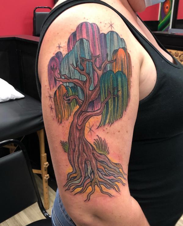 Traditional willow tree and stars tattoo sleeve