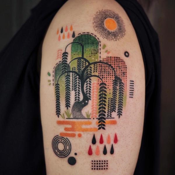 Traditional willow tree and sun tattoo