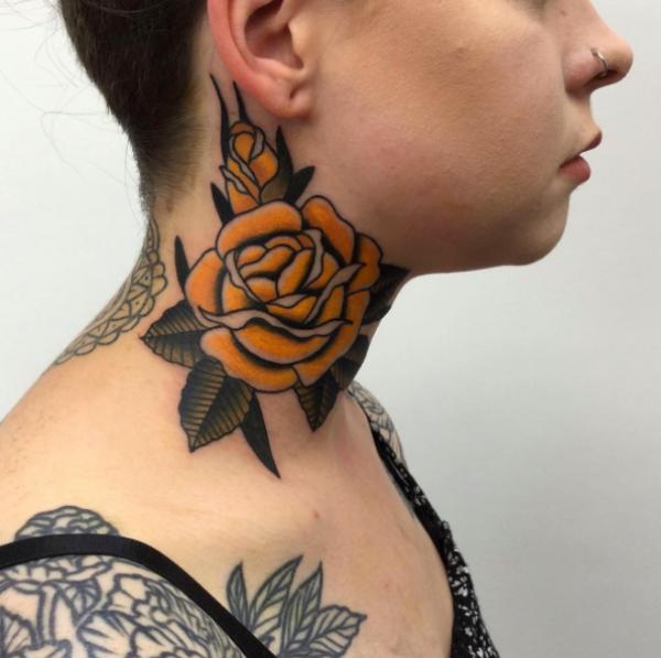 Traditional yellow rose neck tattoo