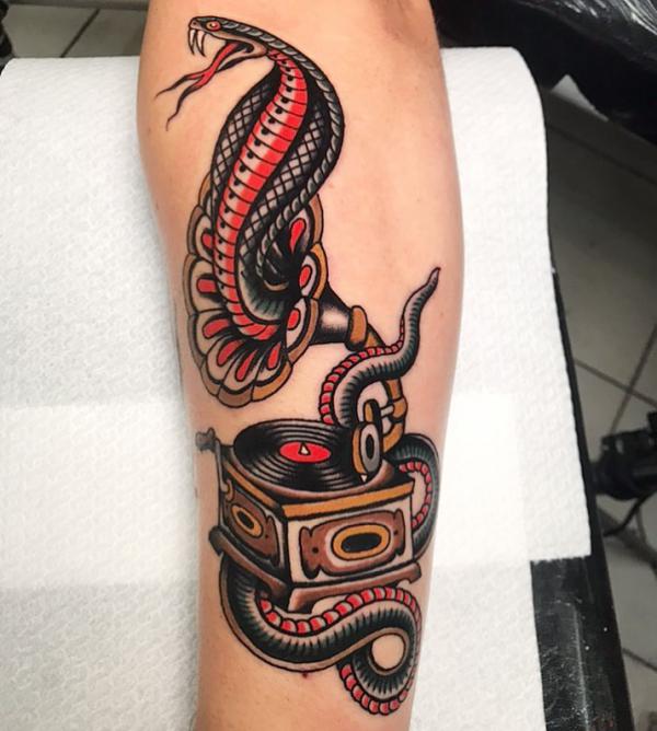 Traditional cobra and Gramophone tattoo