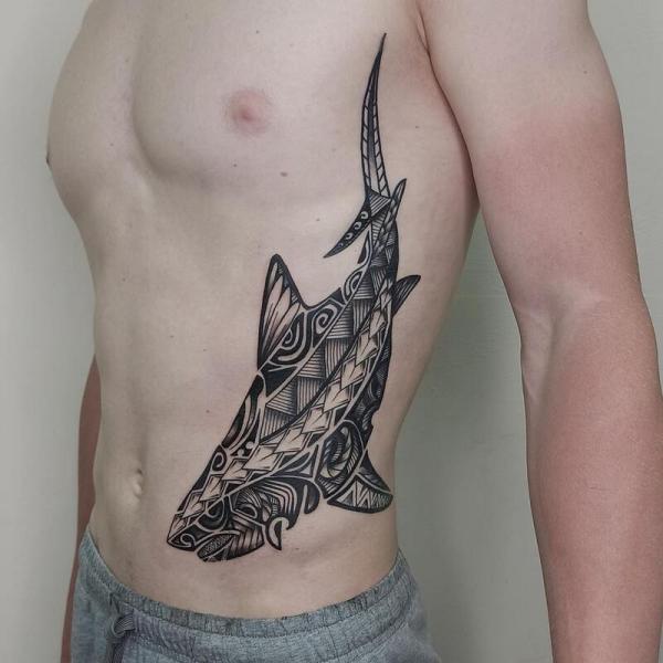 Tribal shark side tattoo for men