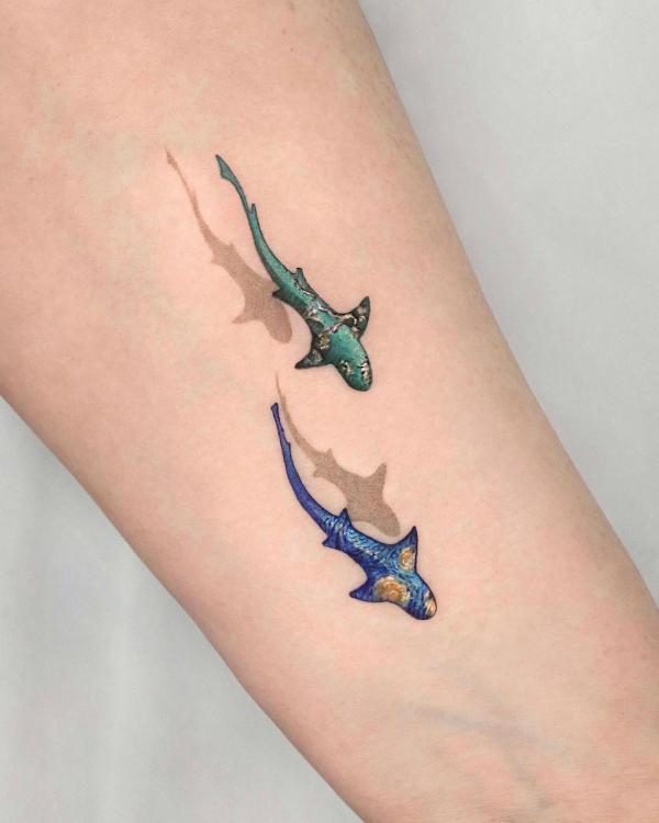 Van Gogh shark tattoo two sharks swimming with bodies covered in almond blossoms and starry night