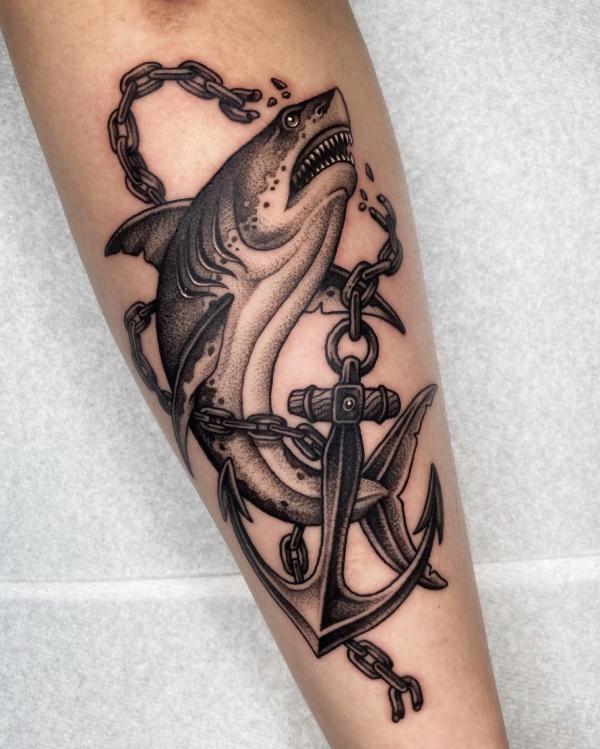 Vintage shark and anchor tattoo