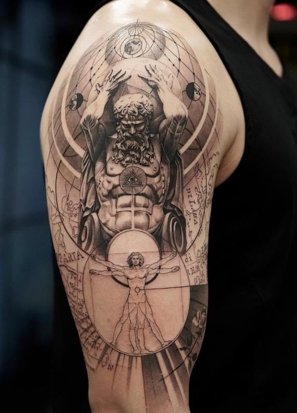 Vitruvian man and Atlas carrying the Celestial Sphere tattoo