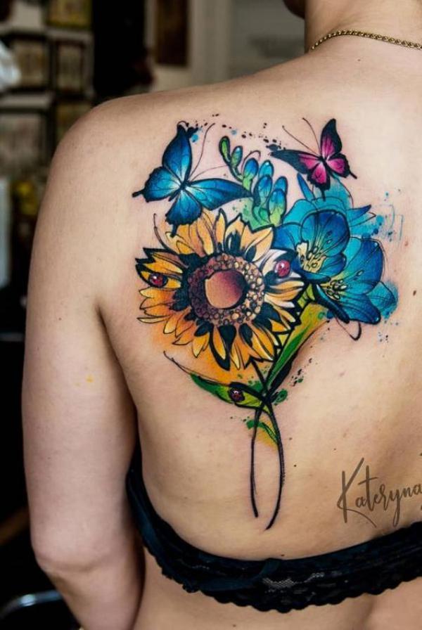 Watercolor Sunflower and butterfly tattoo