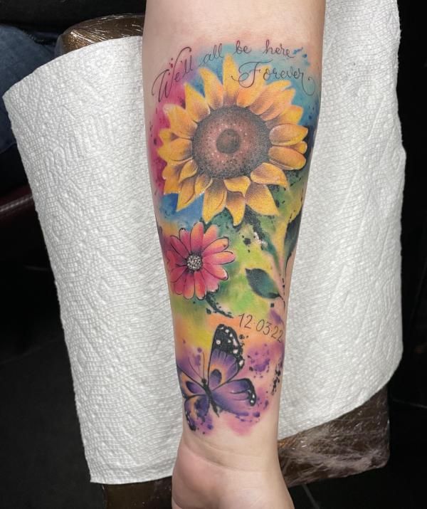 Watercolor Sunflower daisy and butterfly tattoo