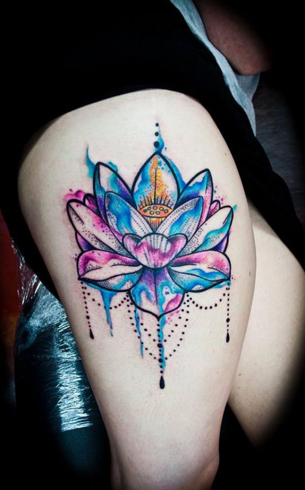 Watercolor blue lotus thigh tattoo