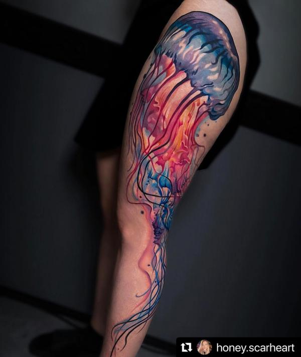 Watercolor jellyfish leg sleeve tattoo