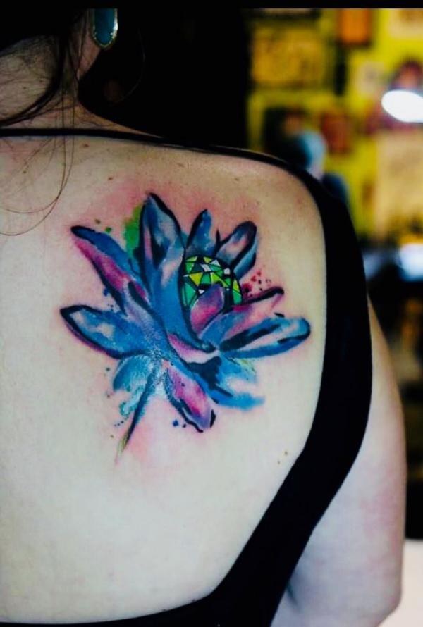Watercolor blue lotus with diamond bud