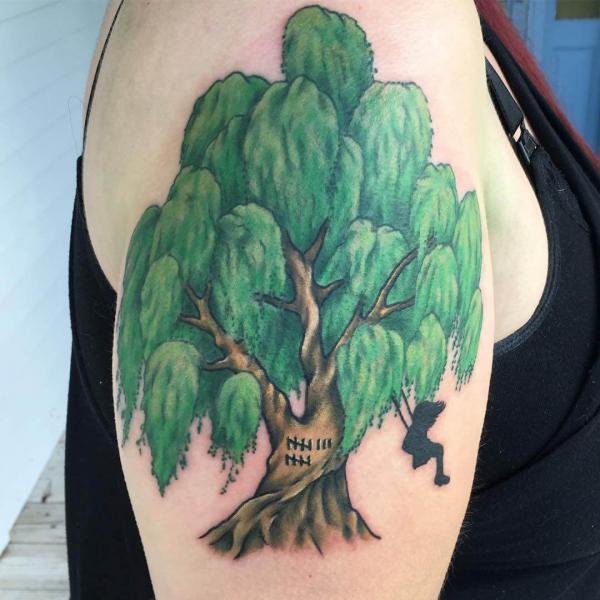 Willow tree and a little girl silhouette on swing tattoo