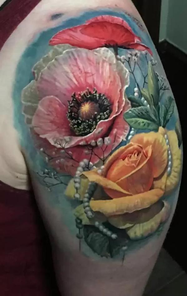 Yellow rose and pink poppy tattoo