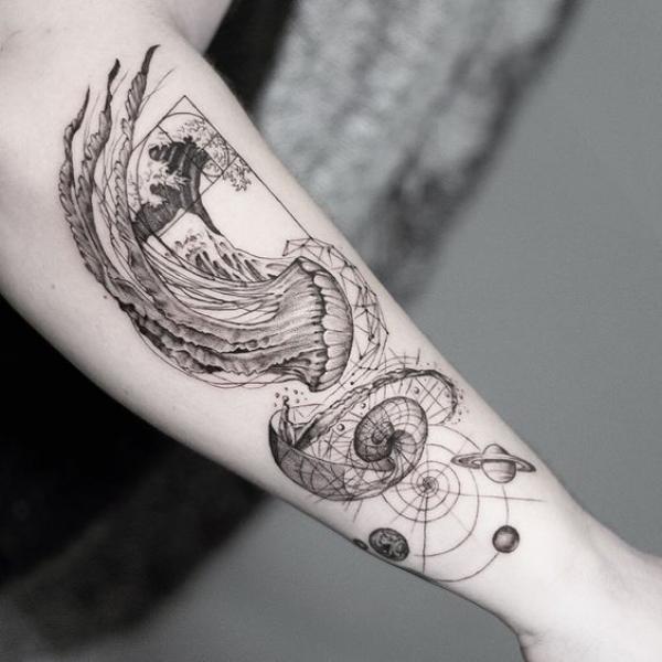 jellyfish great wave and space tattoo black and white