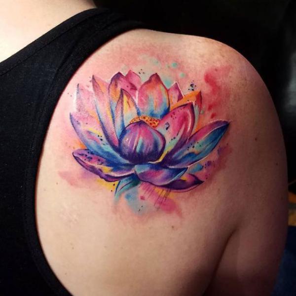 pink and blue lotus flower tattoo