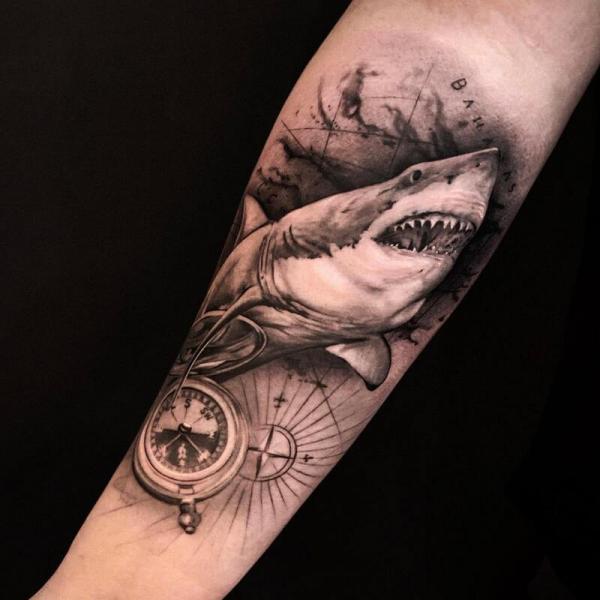 shark and compass tattoo