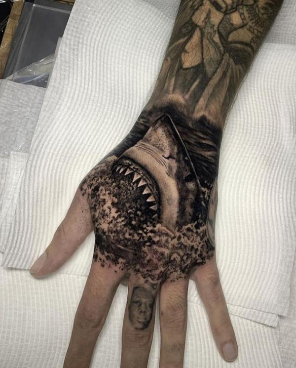 shark head hand tattoo
