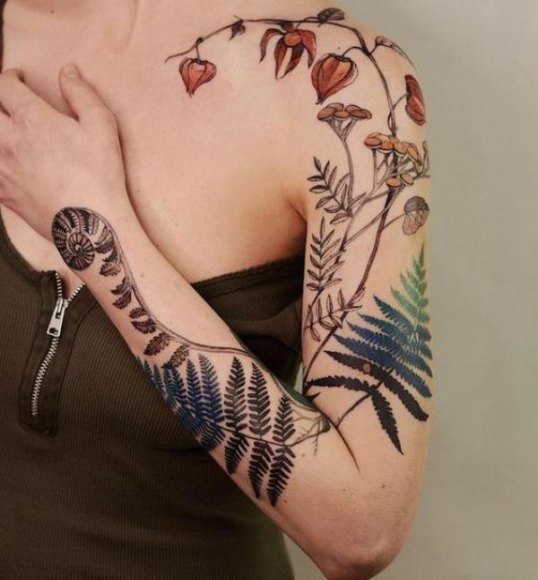tansy bleeding heart flower and fern tattoo sleeve