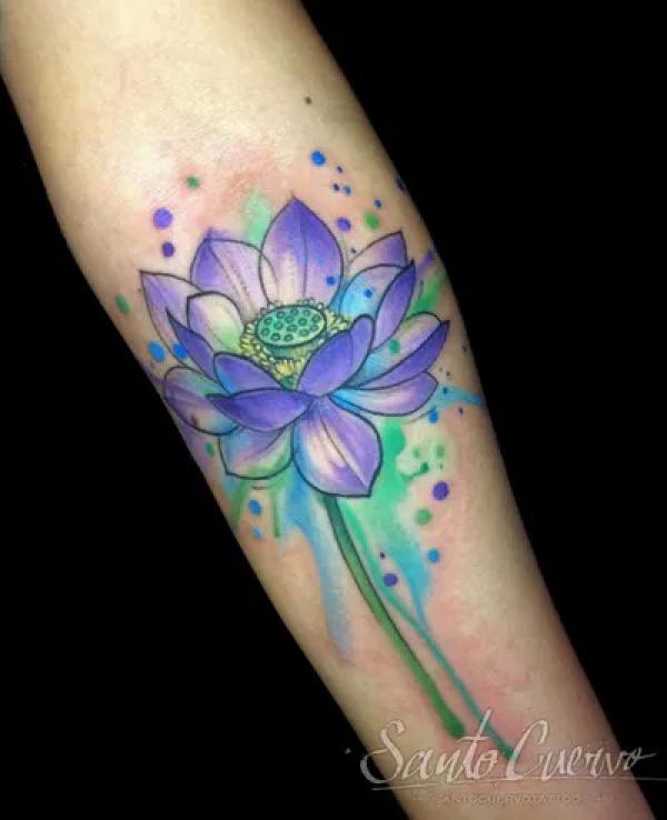 A stem of blue lotus flower on watercolor back drop