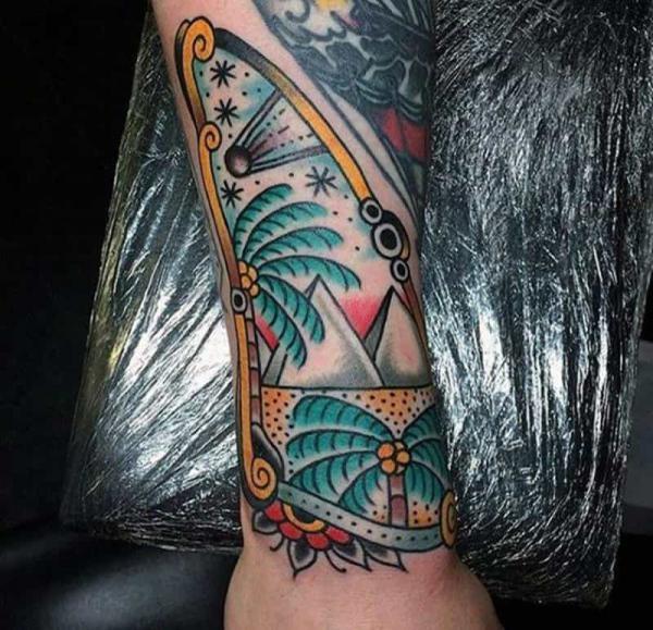 American traditional pyramid and palm tree tattoo