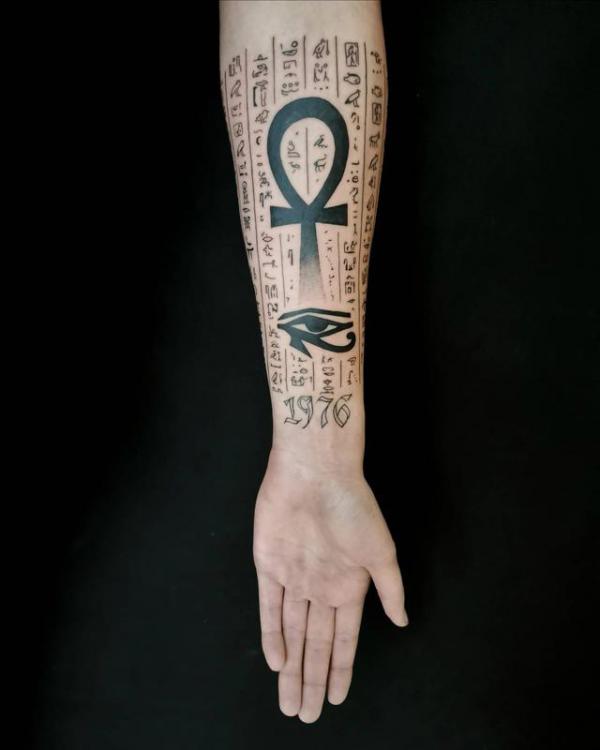 Ankh with Hieroglyphs and Eye of Horus tattoo