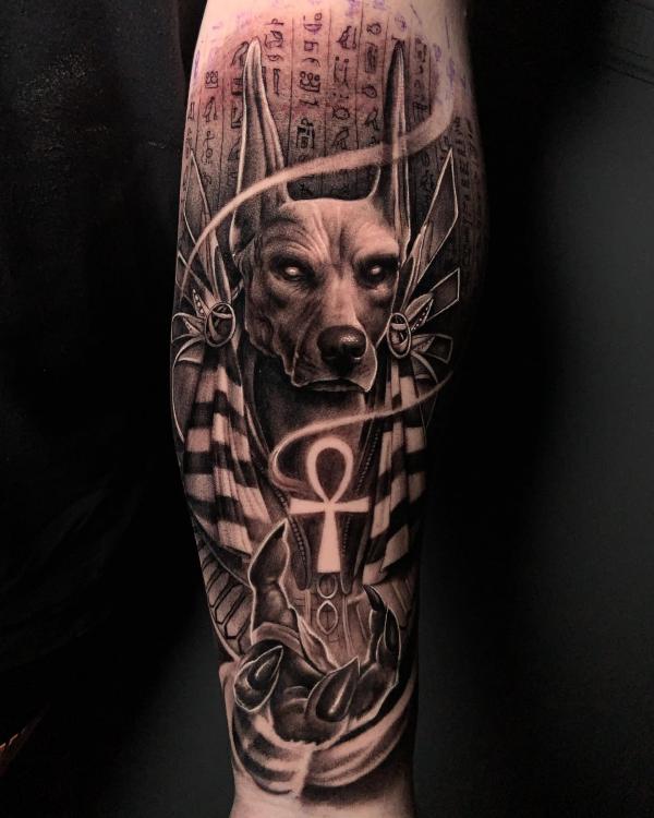 Anubis Ankh and Hieroglyphics tattoo