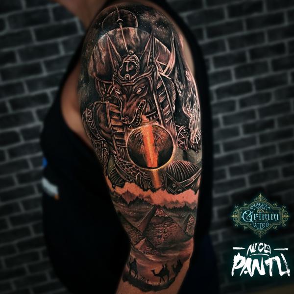 Anubis Pyramids and camels tattoo